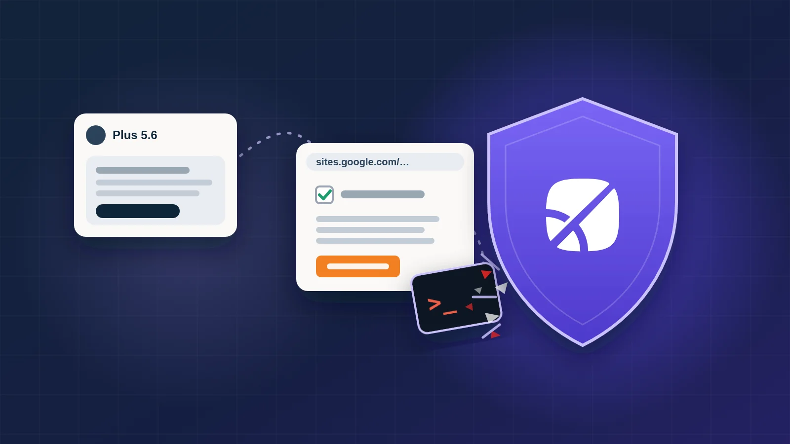 Illustration: a chat window labelled Plus 5.6 points to a Google Sites page with a fake human check; the command it tries to copy stops at Fency's shield.