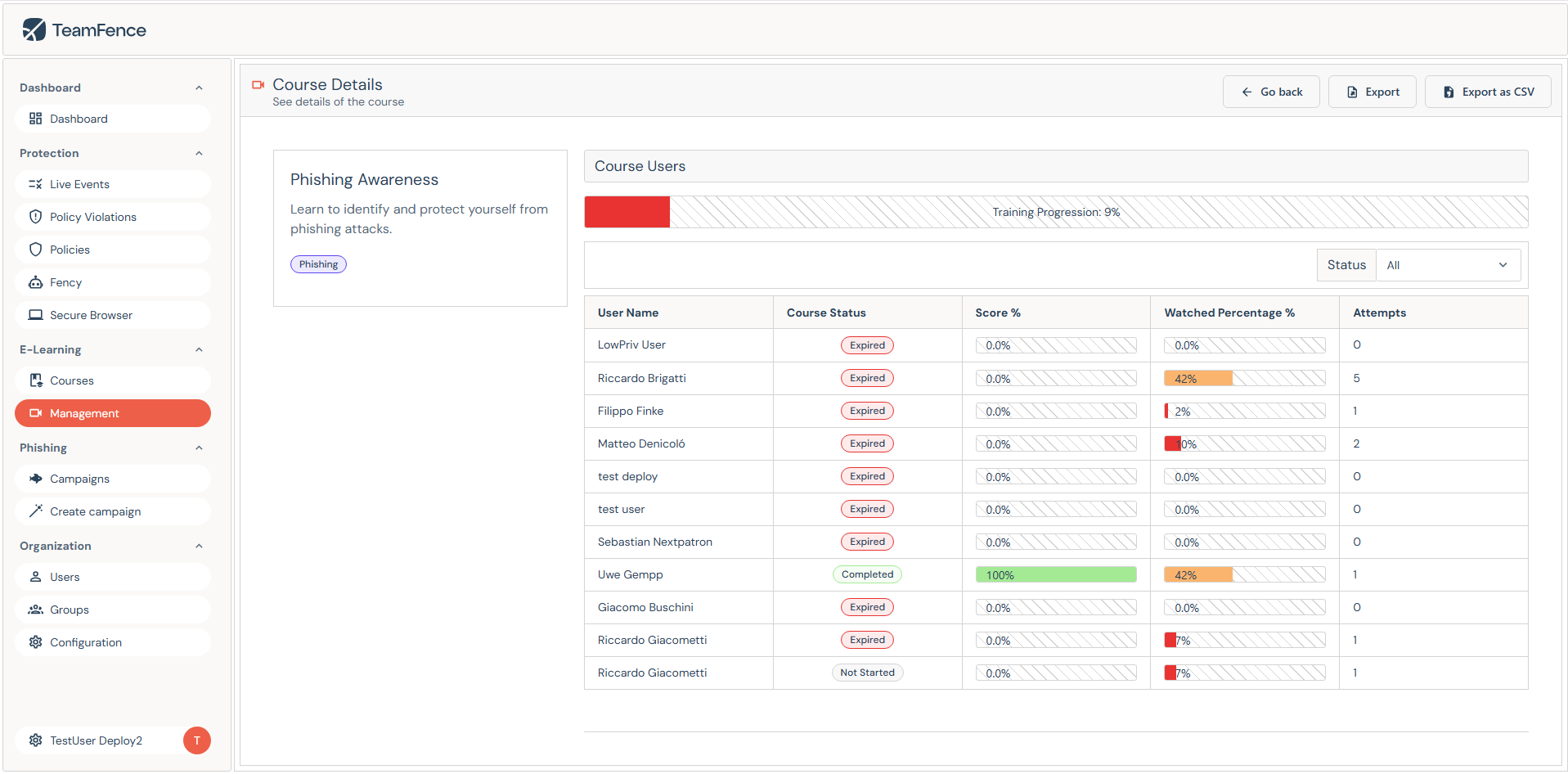 The TeamFence console listing coaching and phishing tests assigned to teams