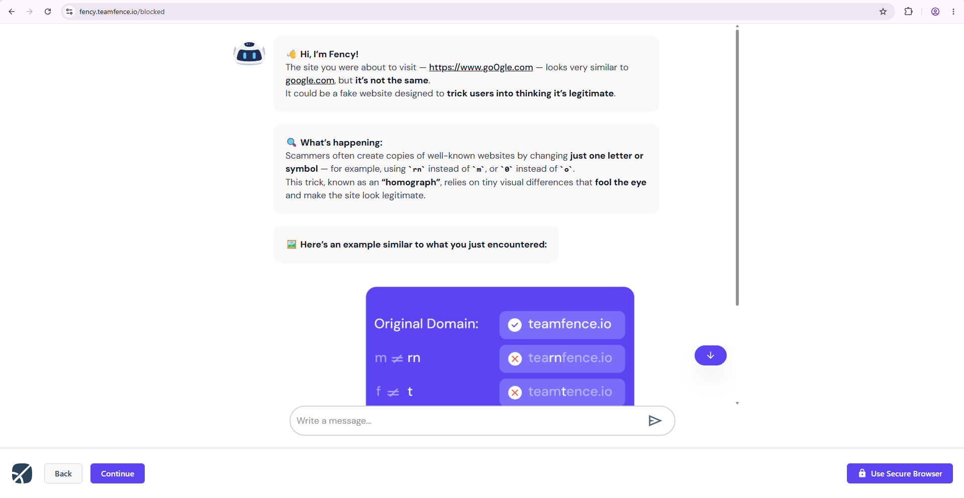 Fency's guided protection page in the browser, explaining why a page was blocked